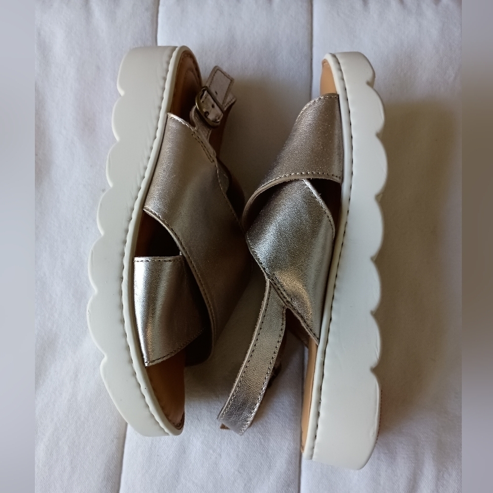 Dwarves Handmade Leather x strap Sandals Metallic Golden Womens Platform_8 - Picture 10 of 10